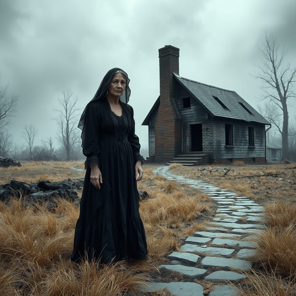 A Grieving Woman Stands Amongst Ruins in a Haunting Victoria...