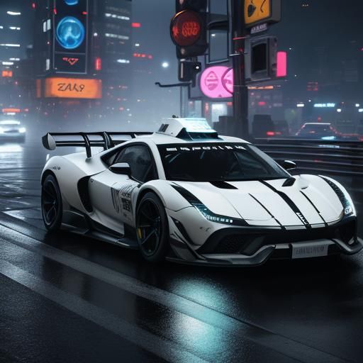 Neon Cityscape Drift Car in Hyper-Realistic Style