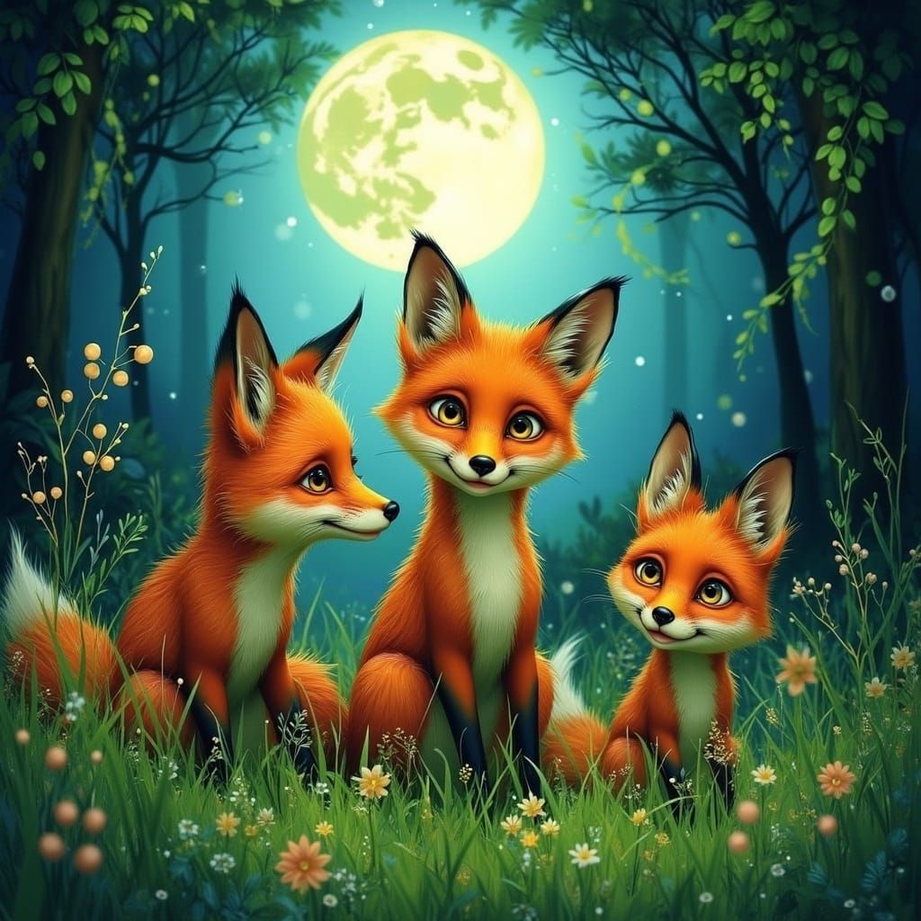 Moonlit Foxes Emerge in Fantasy World