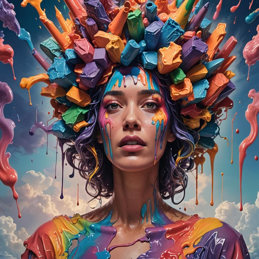 Surreal Woman with Melting Crayons: Hyperrealistic Concept A...