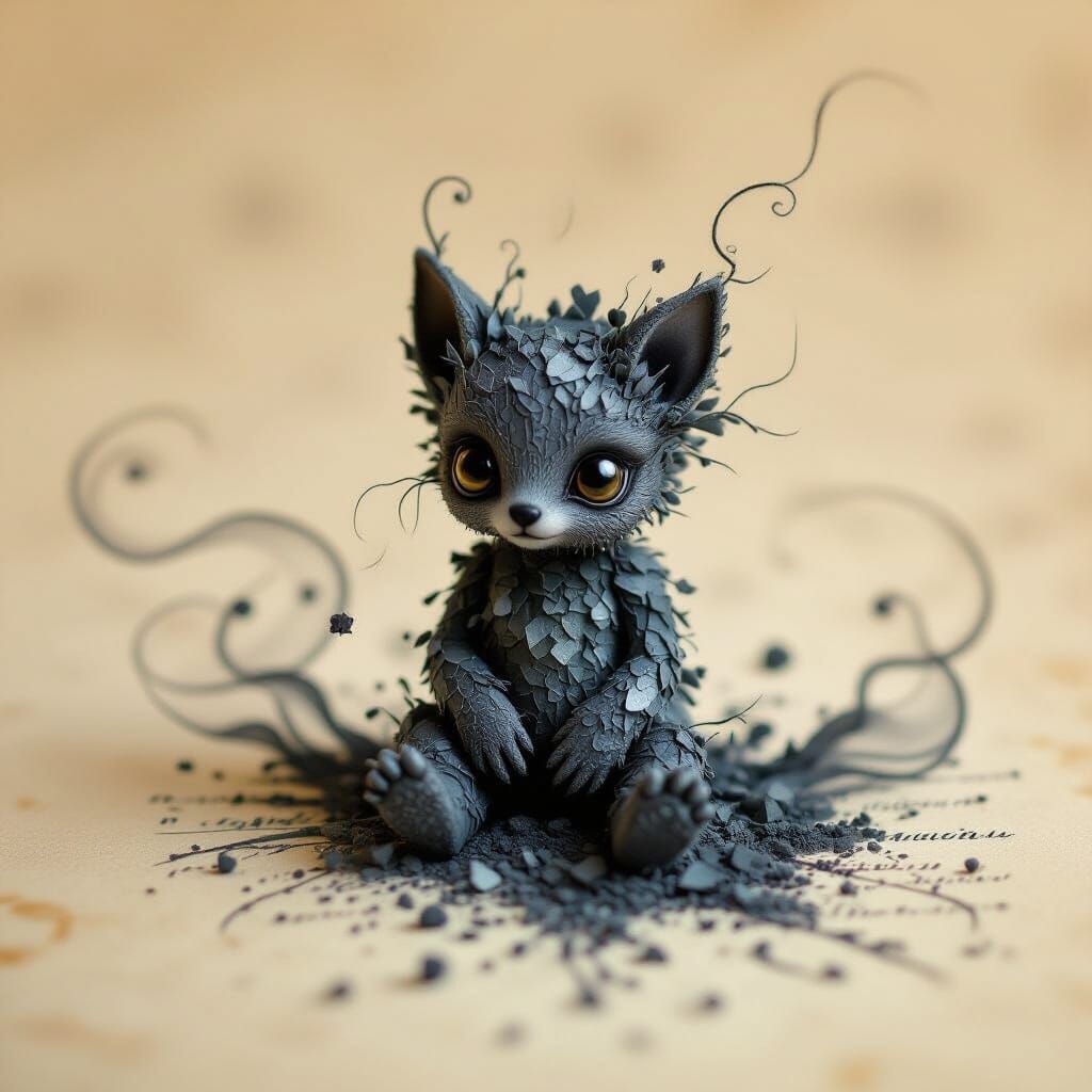 Magical Charcoal Creature on Parchment in Fantasy Collage