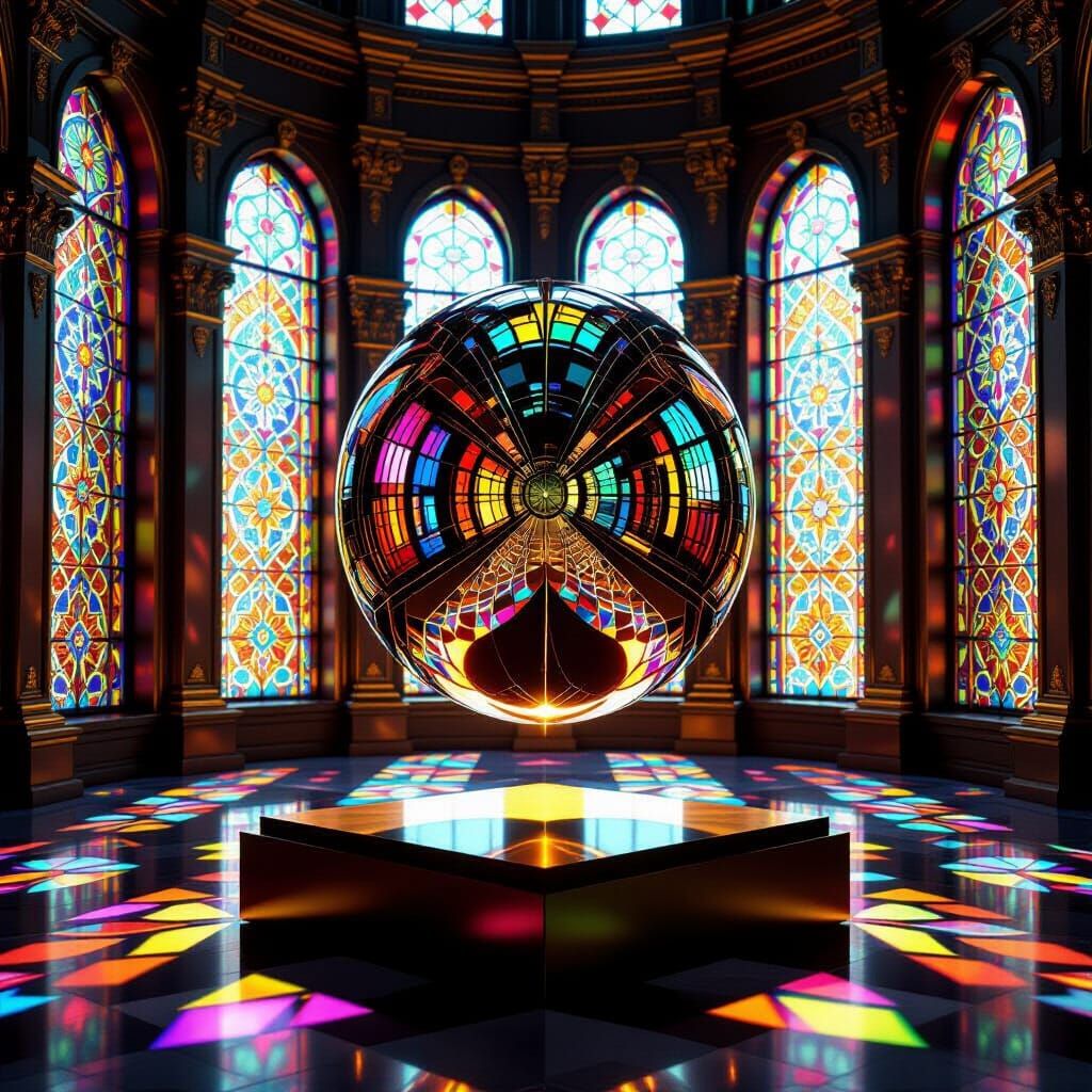 Polished Metal Object Reflecting Stained Glass Light