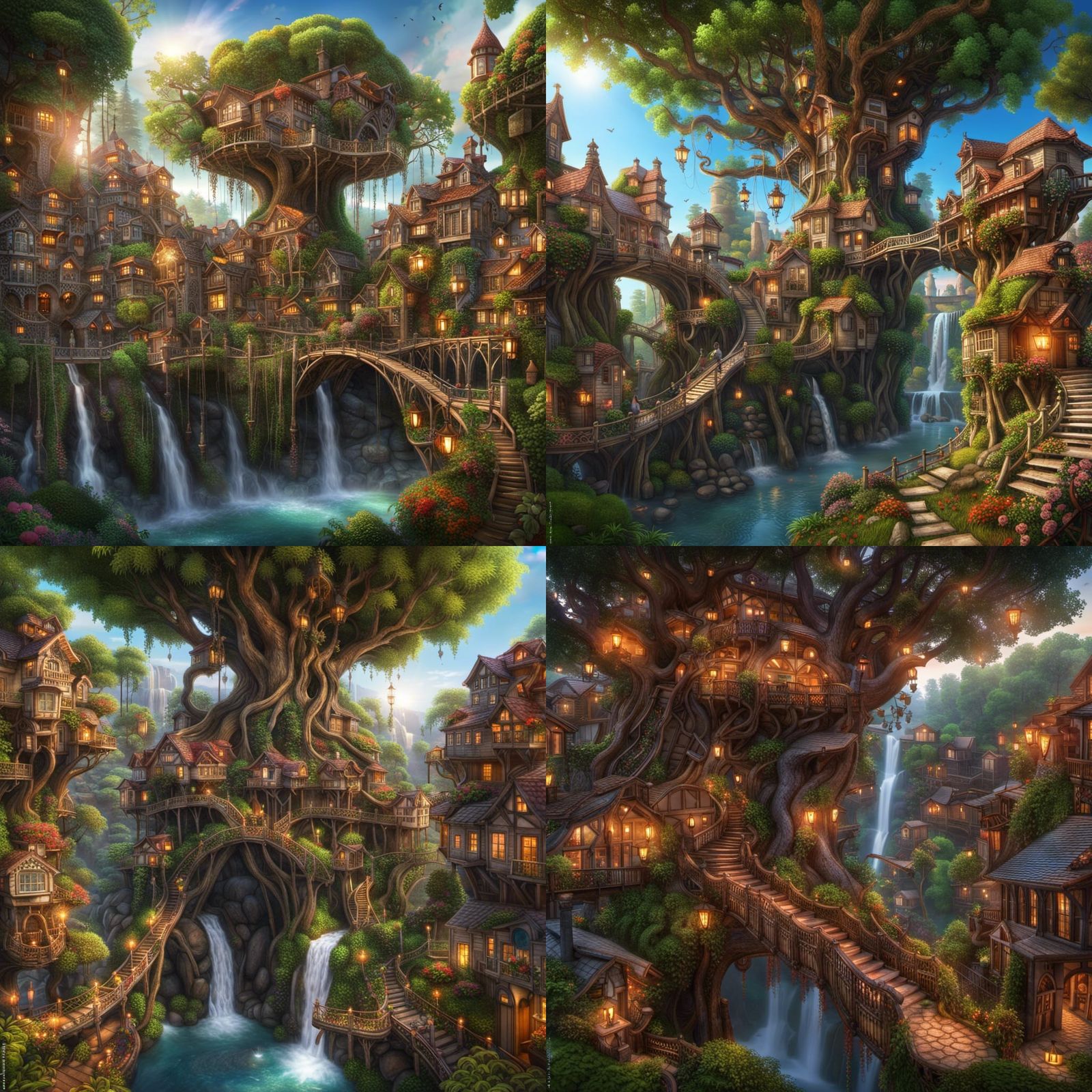 Hyperrealistic Tree City with Vine Bridges
