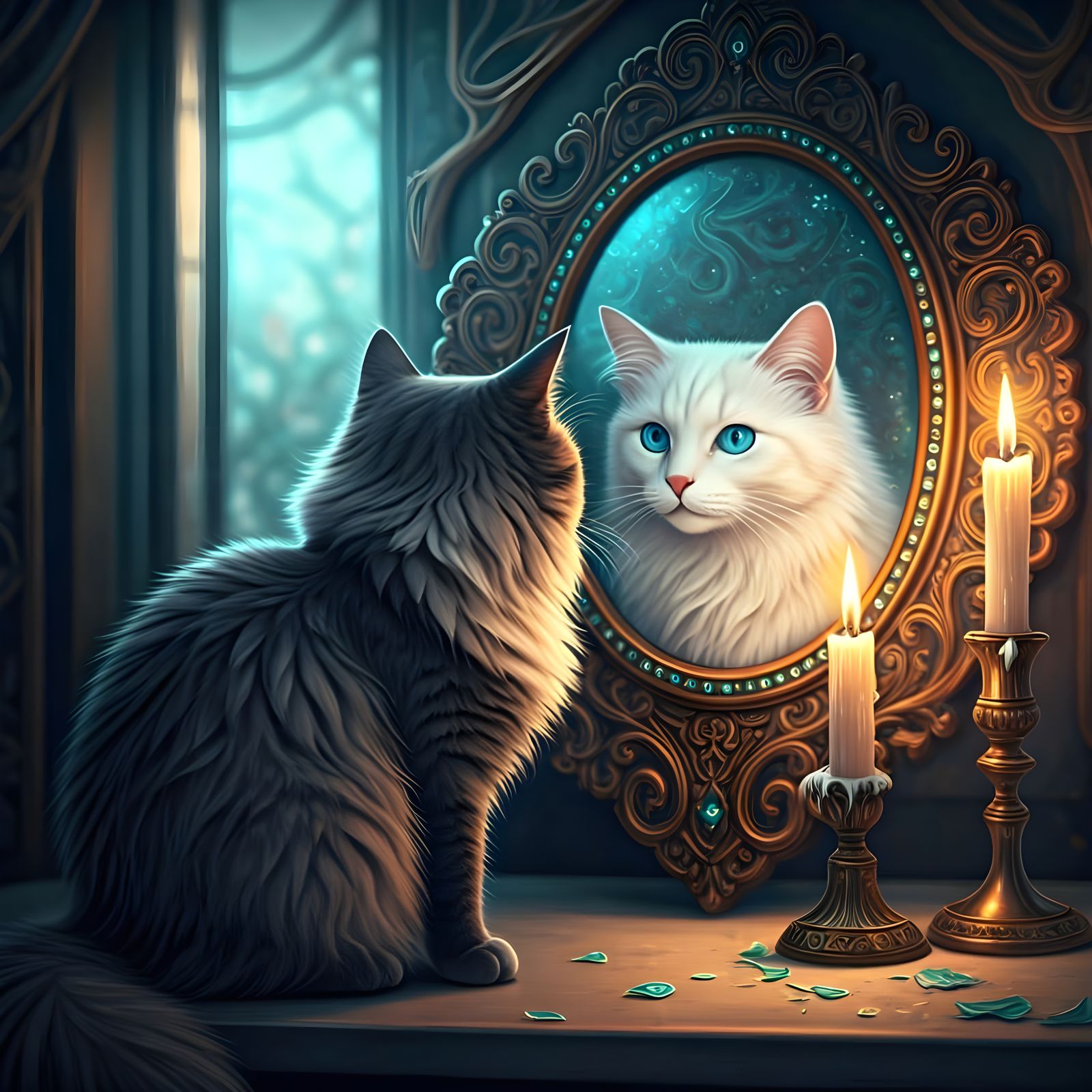 Enigmatic Cats in Mystical Reflection