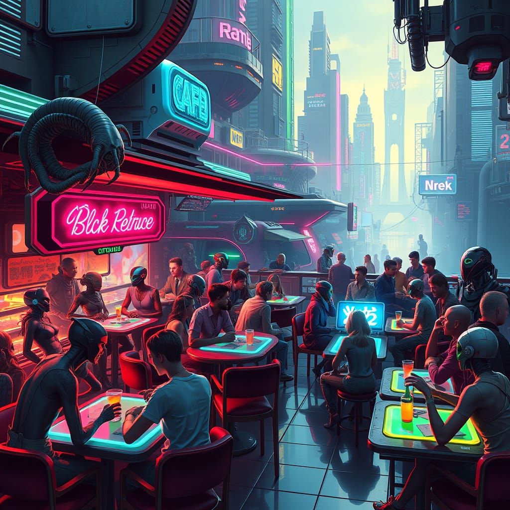 Sci-Fi Cafe Terrace with Alien Species