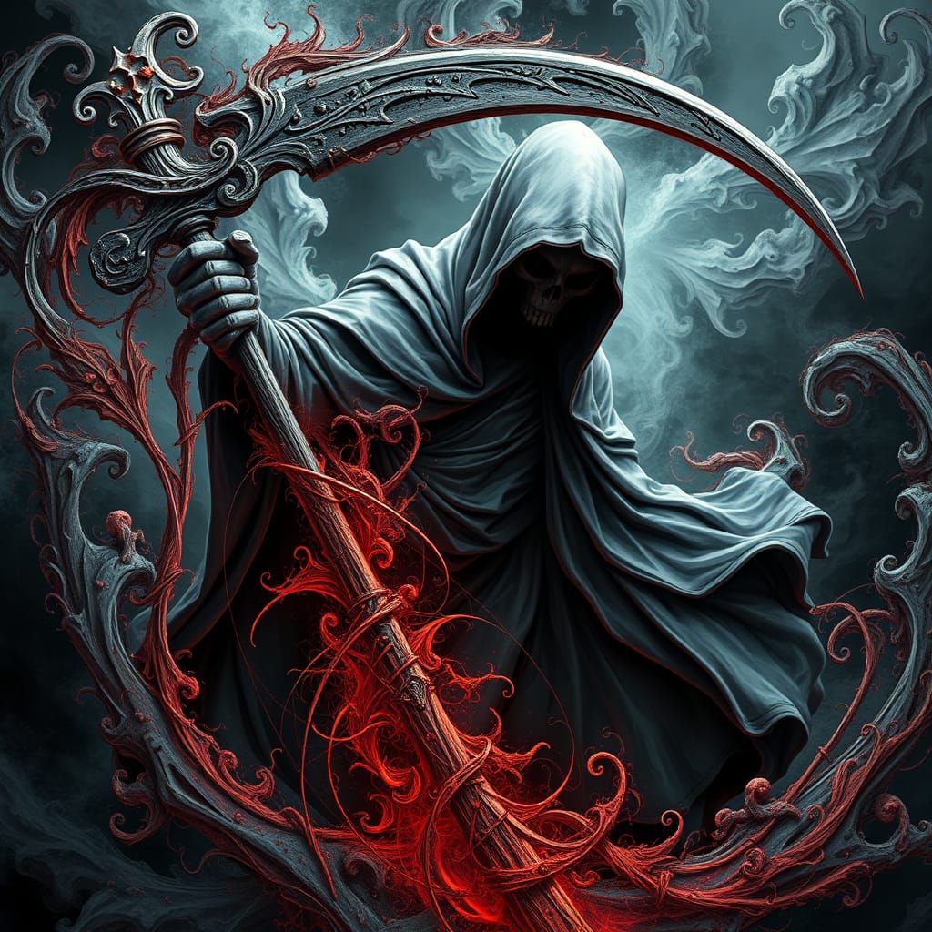 Grim Reaper's Ethereal Scythe in Cyberpunk Fractal Horror