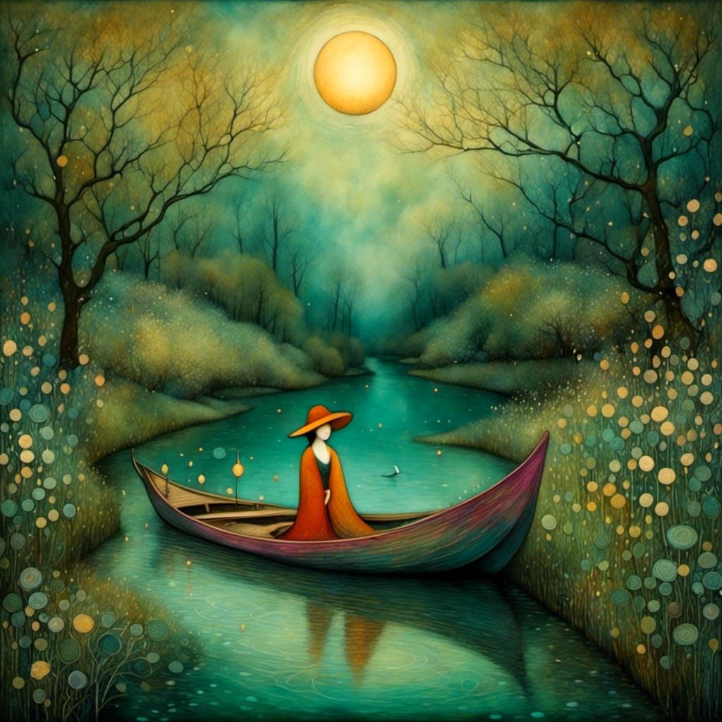 Boat on Beautiful River in Art Brut Style