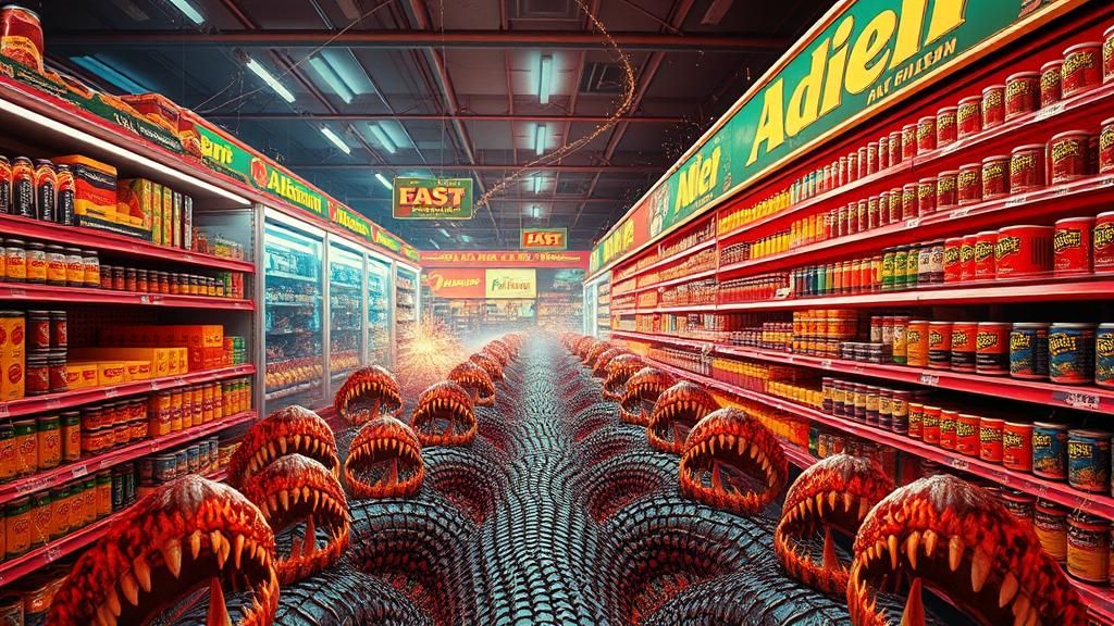 Surreal Grocery Store Dreamscape with Alligator Teeth