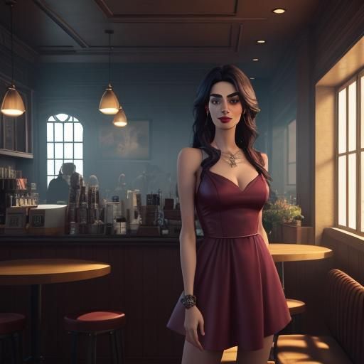 Amal Clooney Look-Alike in Coffee House, 3D Render