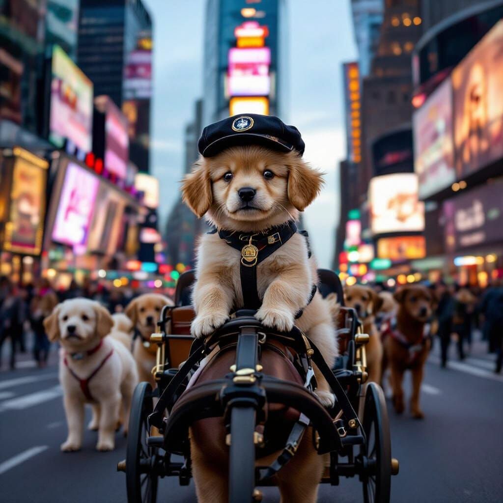 Golden Puppy Drives Cart Through Times Square