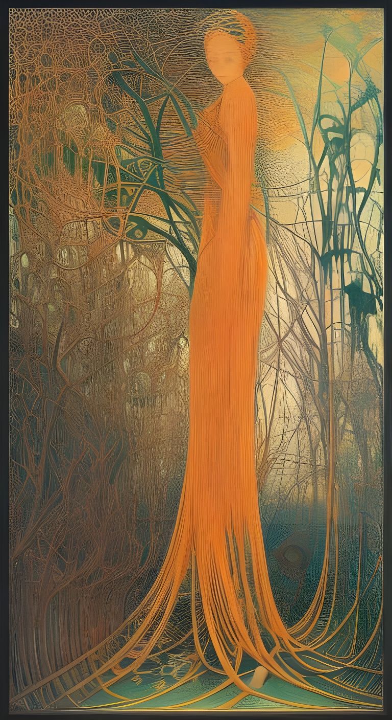 Sunset Woman in Glass Forest: Digital Art