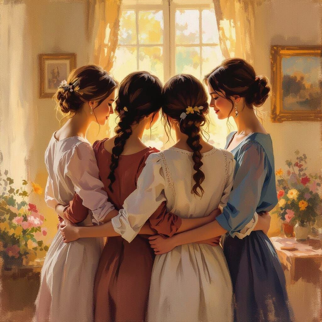 Four Cousins Embrace in Warmly Lit Room, Painterly Style