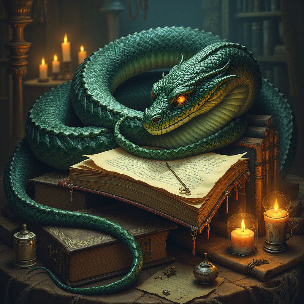Serpent Reading a Book of Potions in Dark Fantasy Style