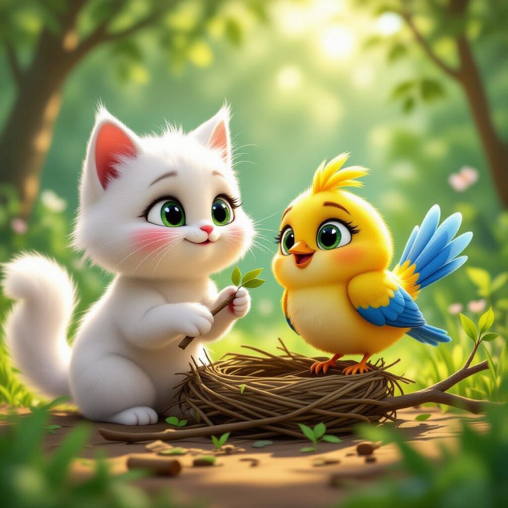 Cat and Bird Rebuilding Nest in Pixar Style