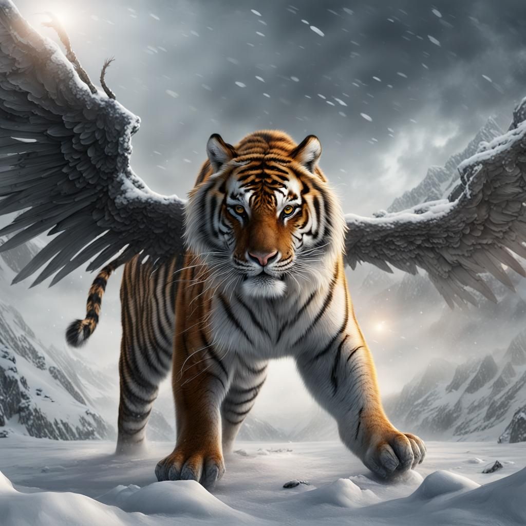 Armored Winged Siberian Tiger in Snowy Landscape
