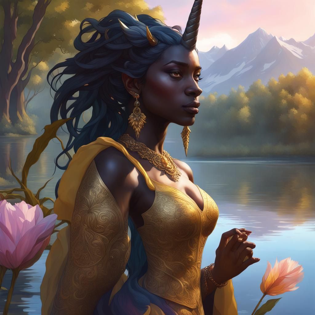 Oshun and Unicorn Portrait in Art Nouveau Style