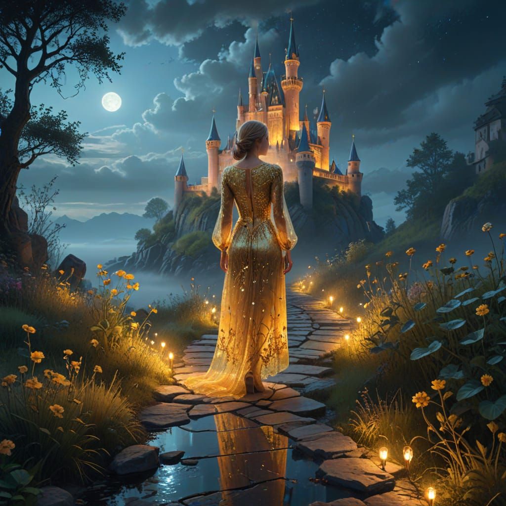 Mystical Woman on Castle Path: Surreal Digital Art