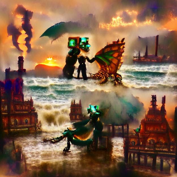 Dragon and Mechanical Golem Dance in Steampunk Style