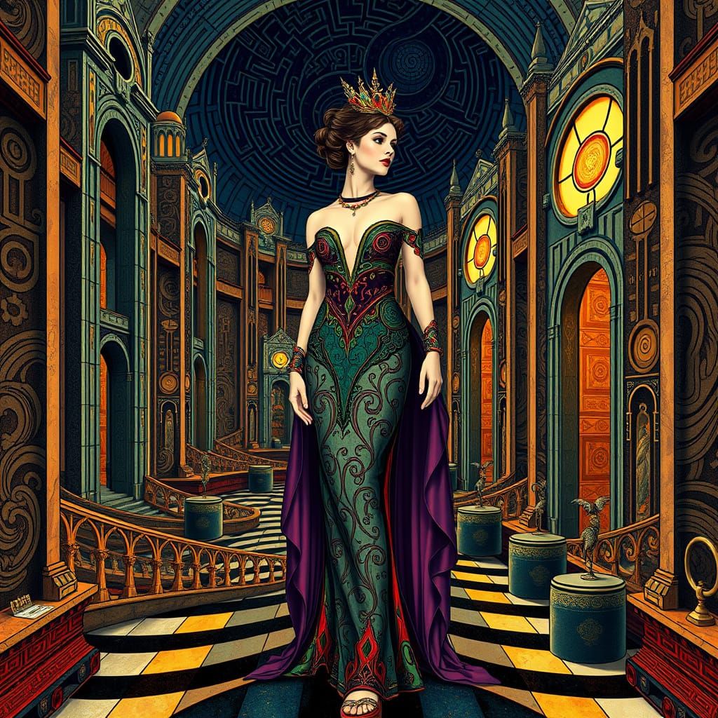 Vibrant Art Nouveau Woman Amidst Psychedelic Art Deco Archit...