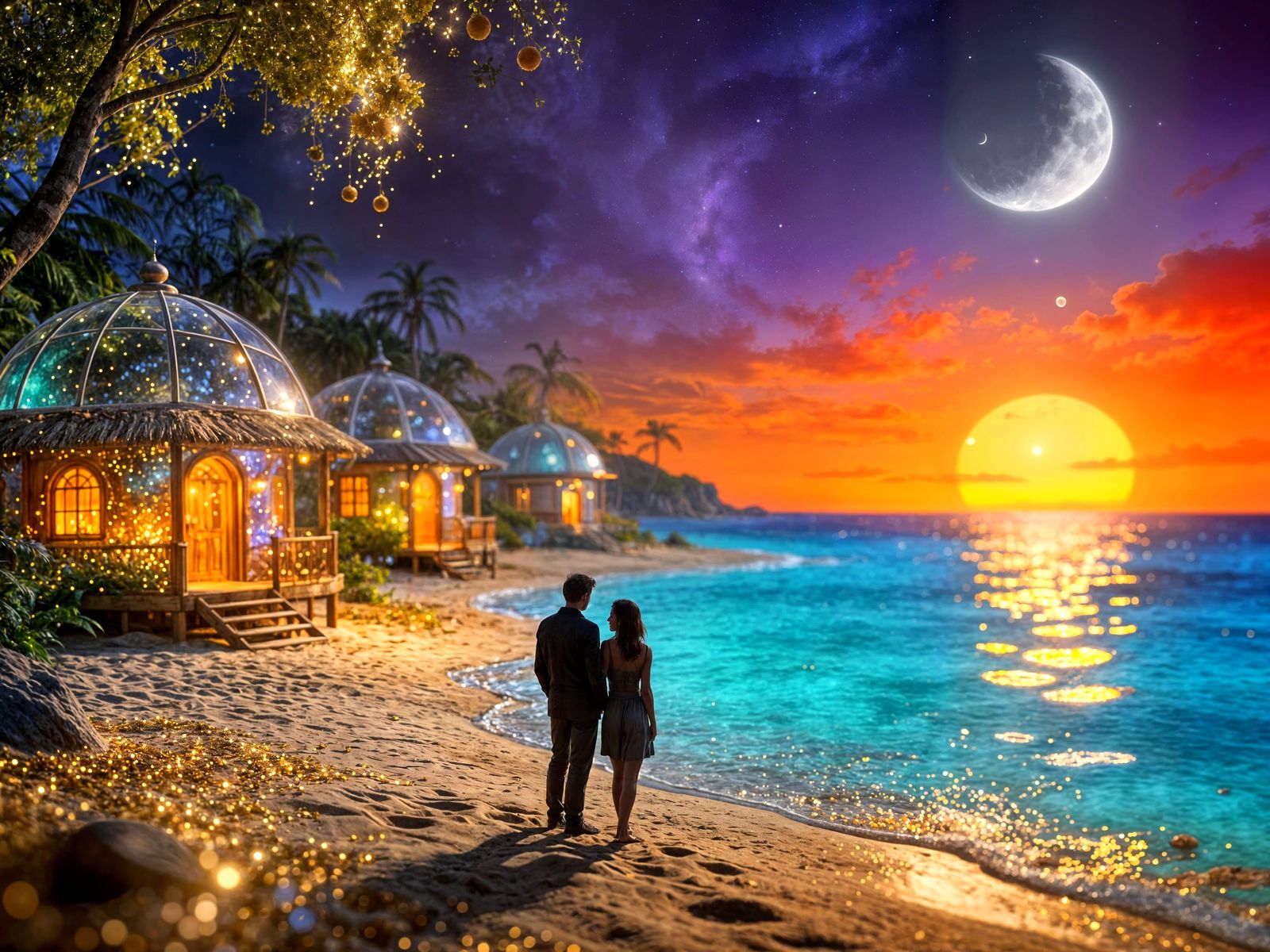 Fantasy Beach Dreamscape with Sun, Moon, and Couple