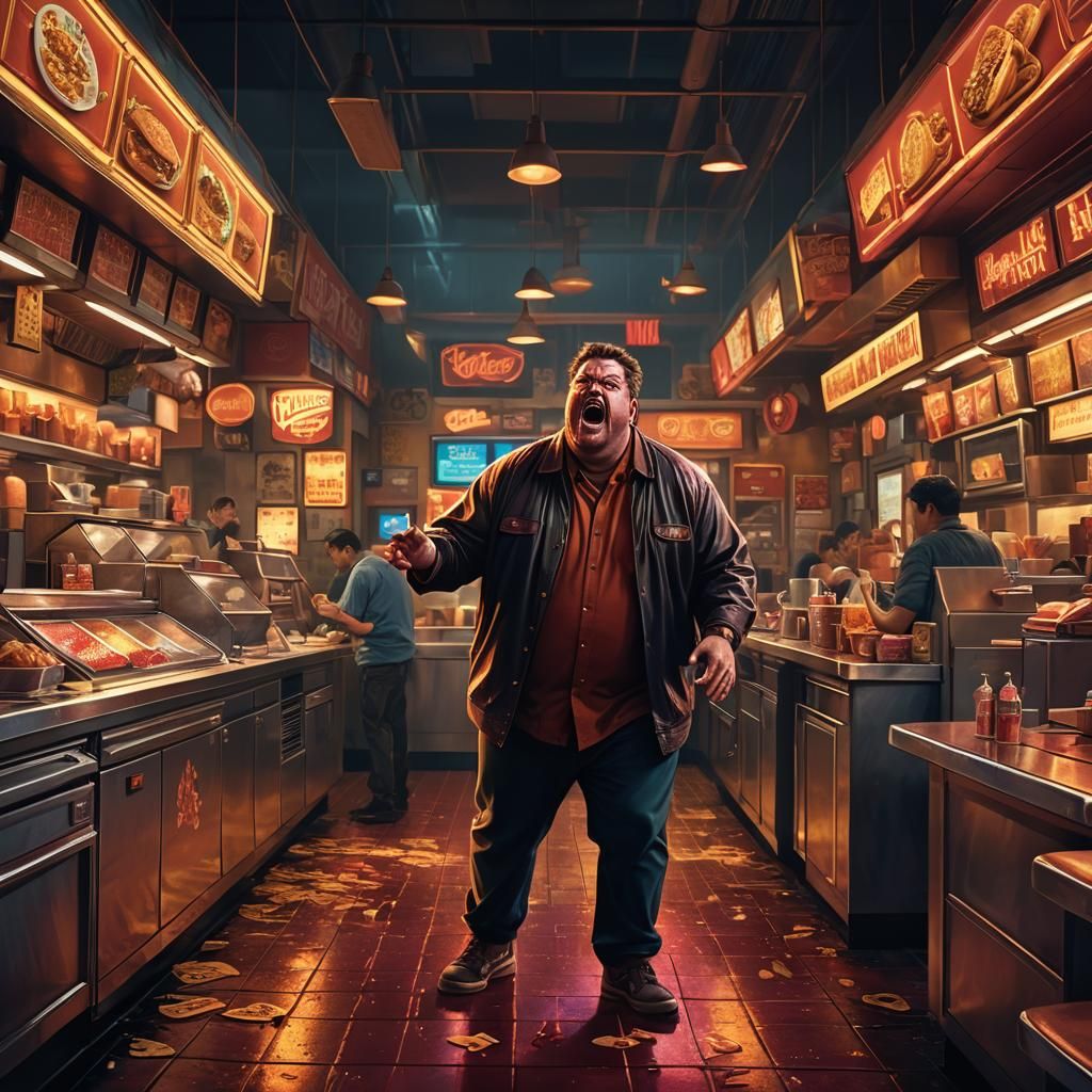 Angry Man in Fast Food Restaurant, Dark Fantasy Art