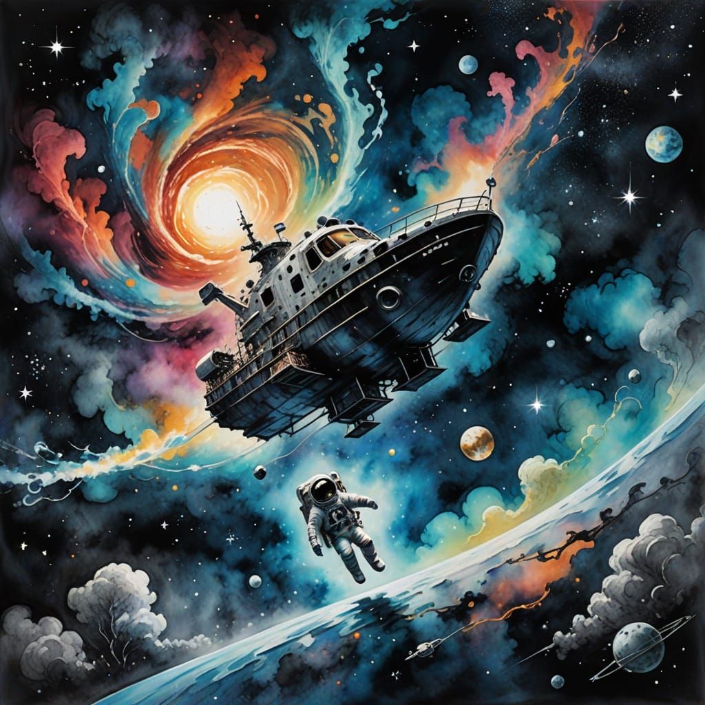 Astronaut in Space: Cosmic Surrealism in Ink Wash