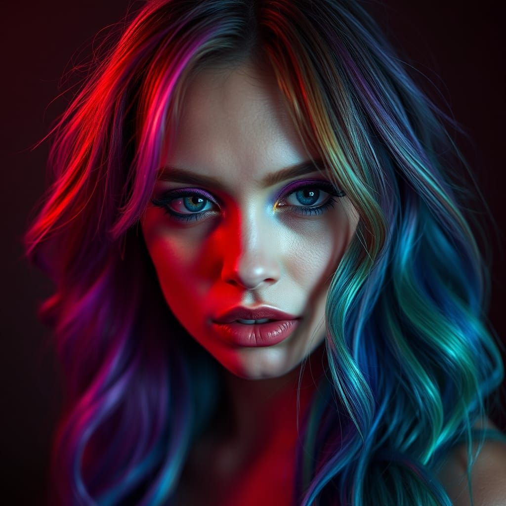 Woman with Multi-Colored Hair in Digital Art Style