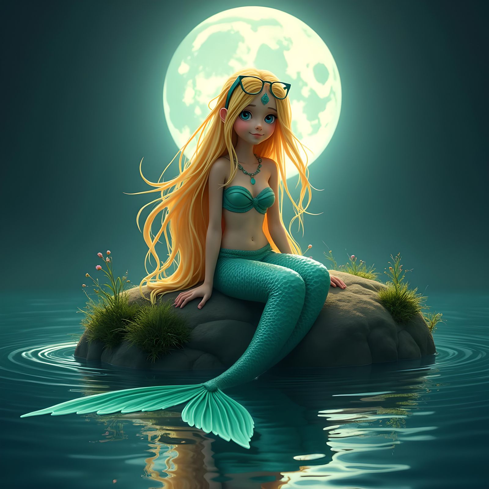 Blonde Mermaid with Glasses at Midnight