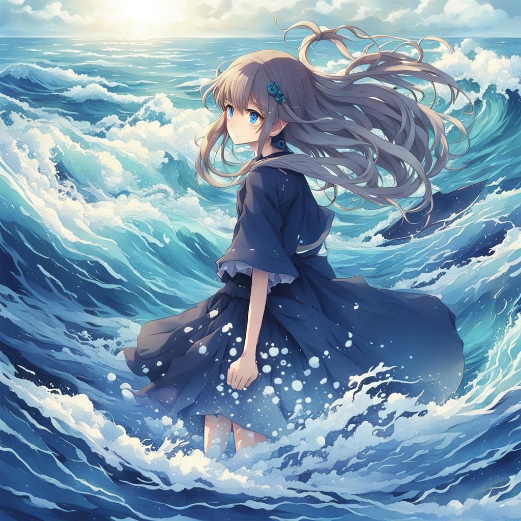 Anime Ocean Waves in Japanese Manga Style