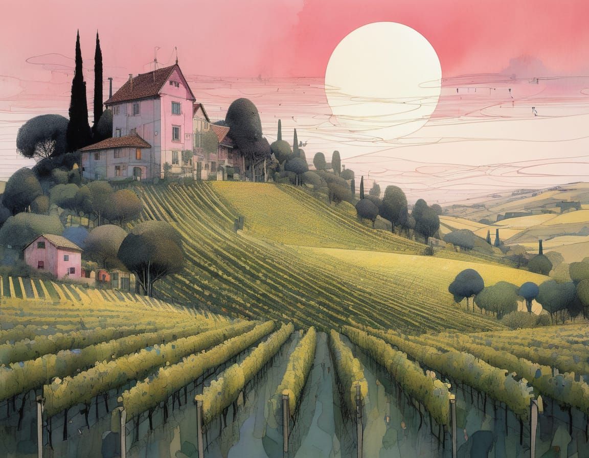 Golden Vineyard in Sunset Light