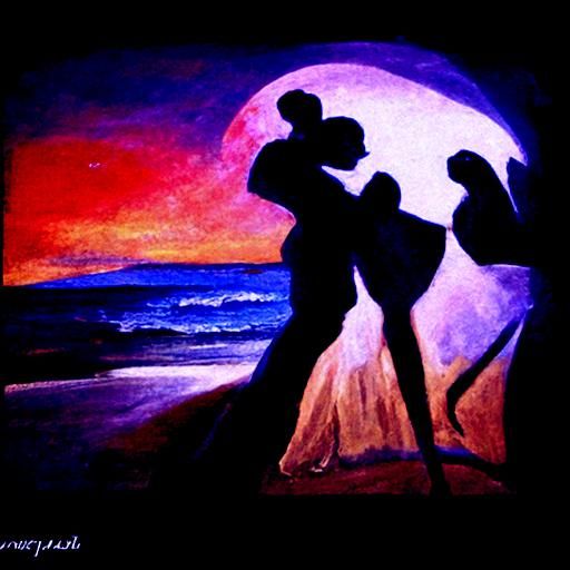 Silhouettes Dance on Night Beach: Oil Painting