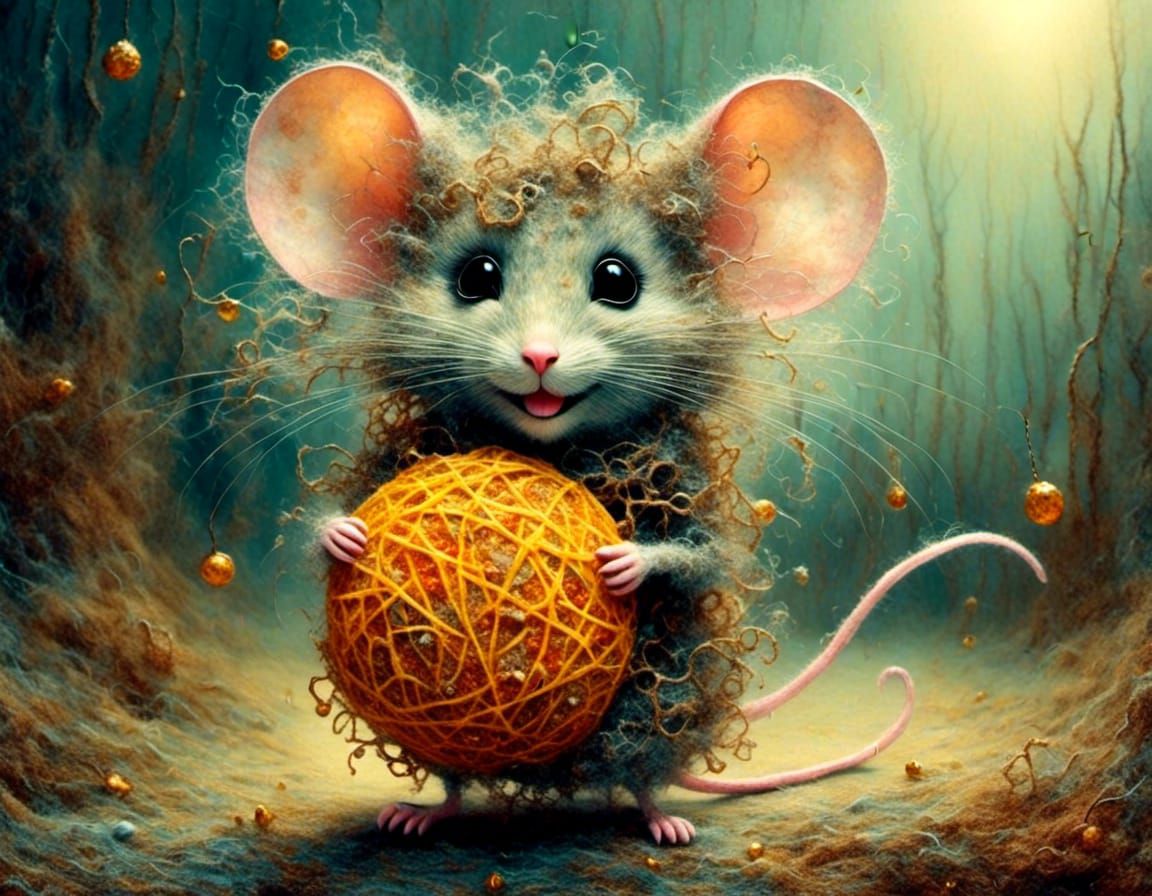 fuzzy mouse with a big fuzzy cheese ball