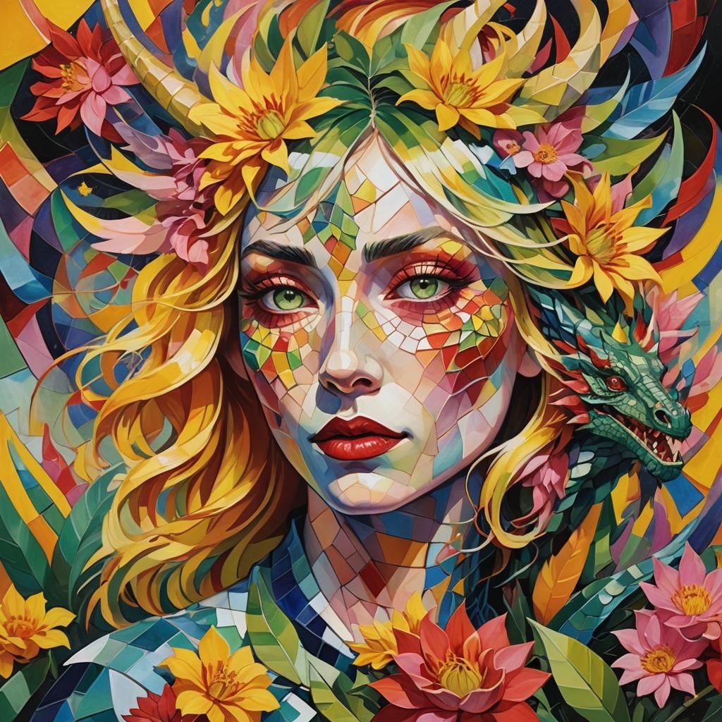 Rainbow Dragon Woman: Cubist Fantasy Portrait