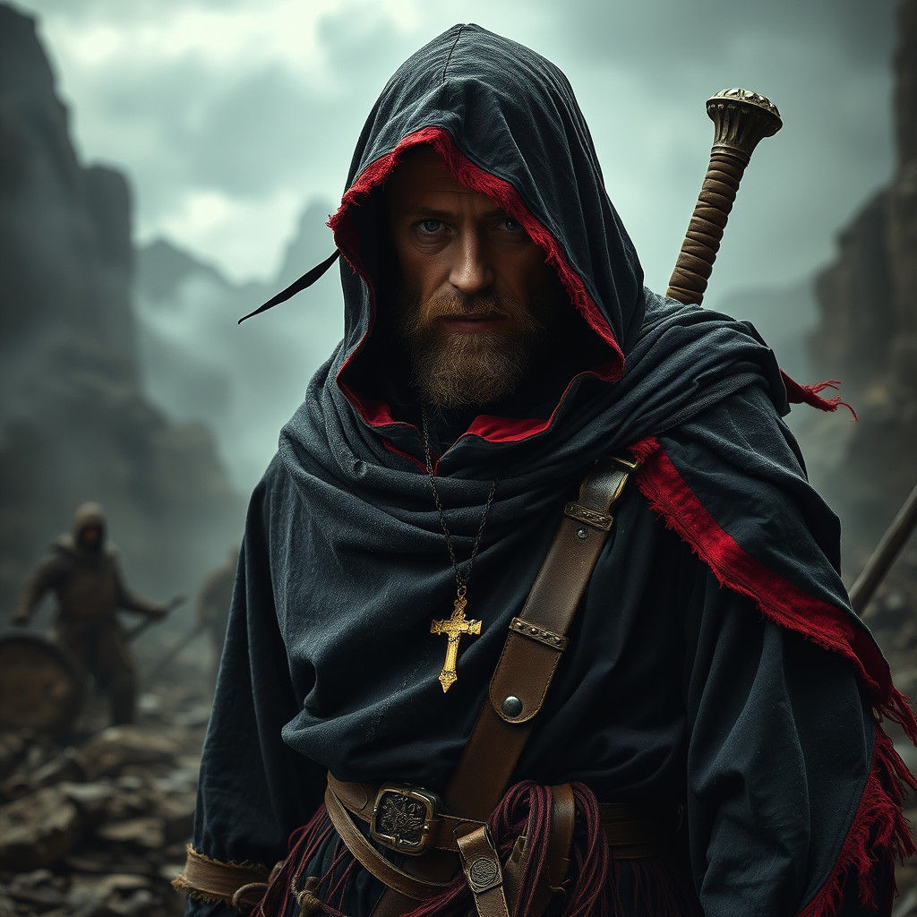 Weary Monk in War-Torn Landscape: Hyper-Detailed Rendering