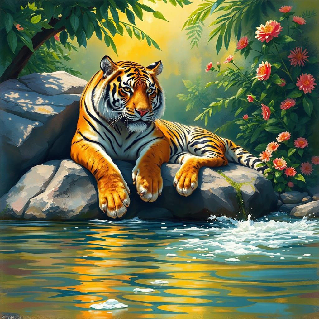 Epic Impressionist Tiger Relaxing in Serene River Landscape