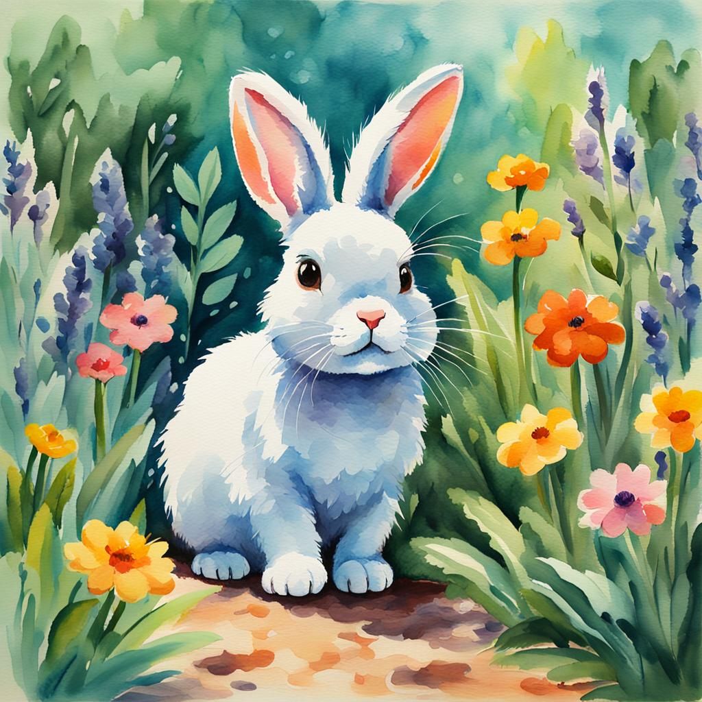 Cute Bunny in Garden, Watercolour Gouache Painting