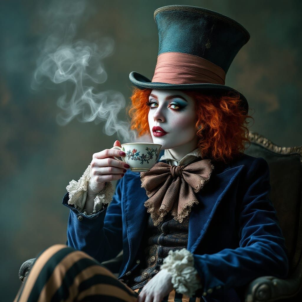 Whimsical Mad Hatter Character Sips Tea in Victorian Fantasy...
