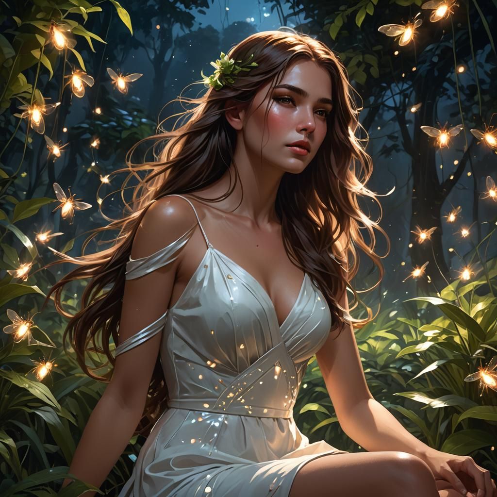 Girl in White Dress, Firefly Lighting, Digital Art