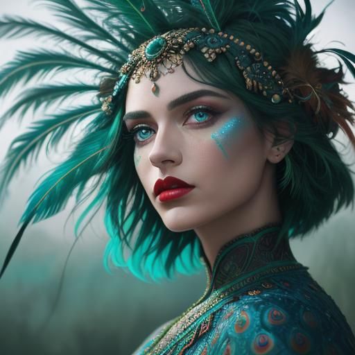 Colorful Woman with Peacock Feathers in Surreal Style