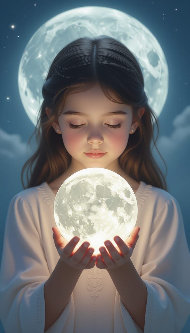 Girl Holds Glowing Moon in Magical Realism Style
