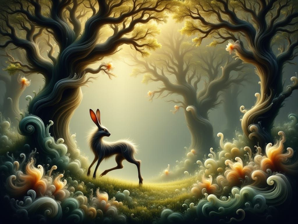 Ethereal Grove of Molar Fruit and Long-Legged Rabbit