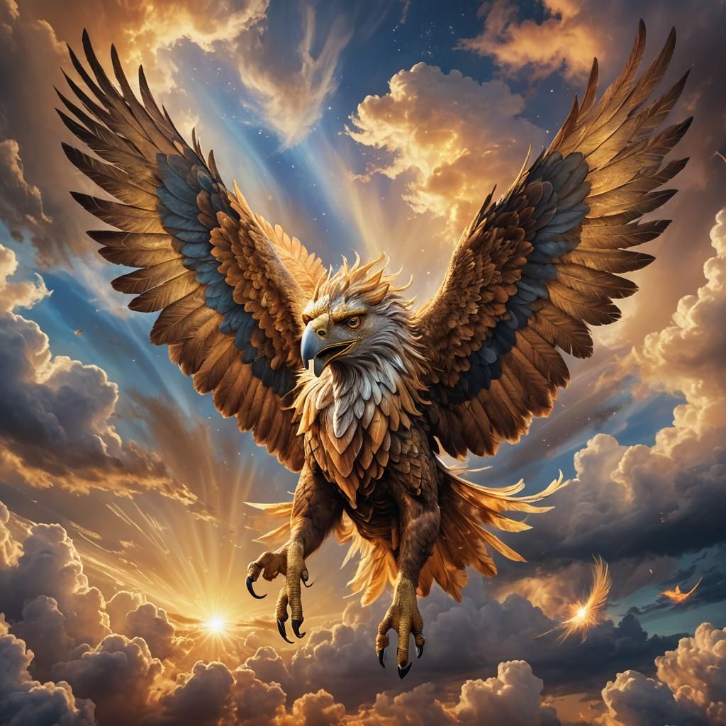 Majestic Griffin Soaring Through Mystical Sky