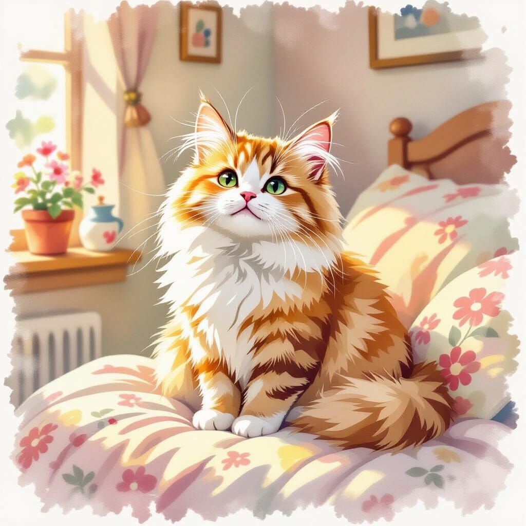 Fluffy Cat in Cozy Room, Watercolor Style