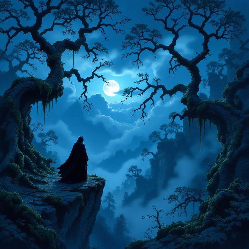 Mysterious Cloaked Figure in Ancient Forest at Twilight