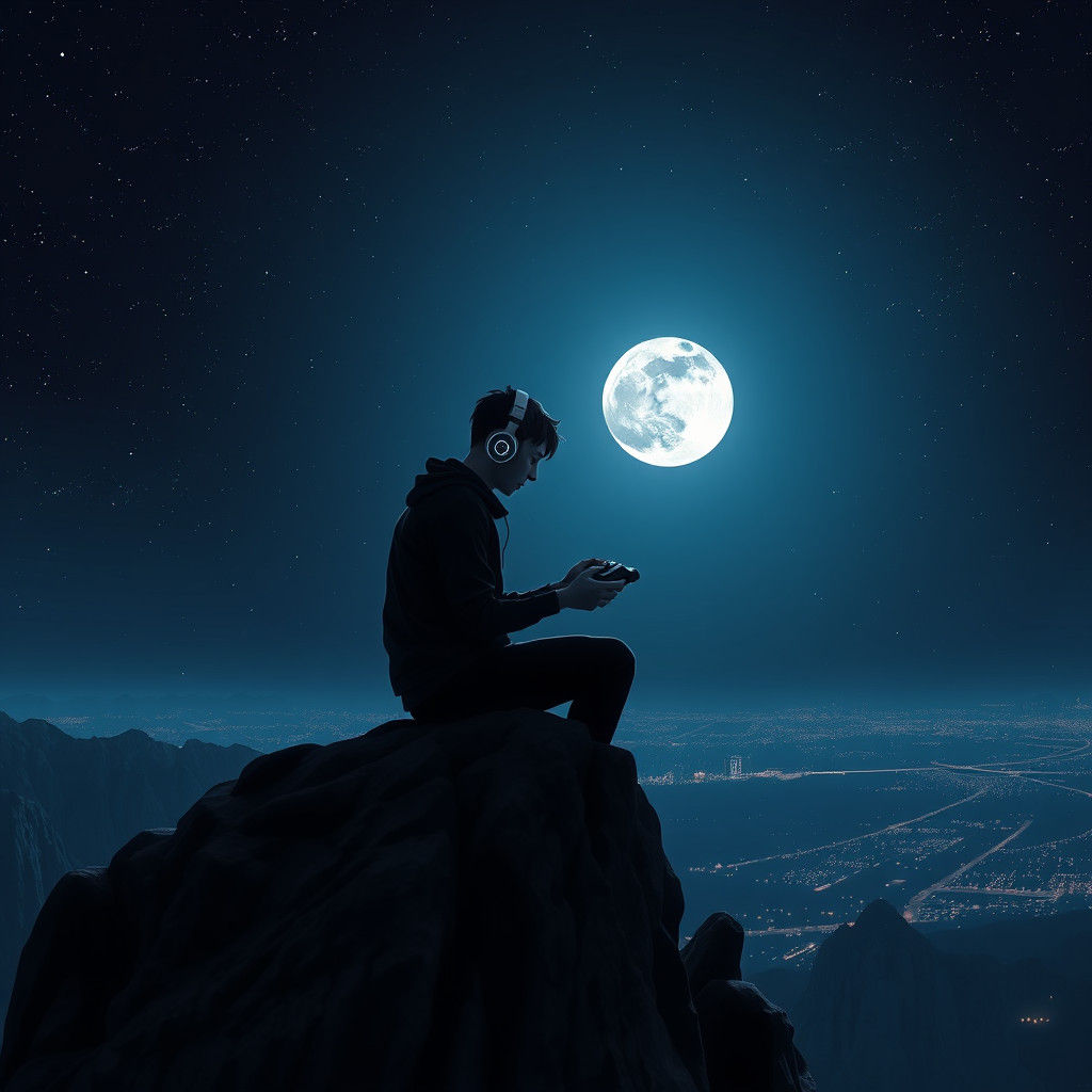 Moonlit Gamer at Cliff's Edge in Anime Style
