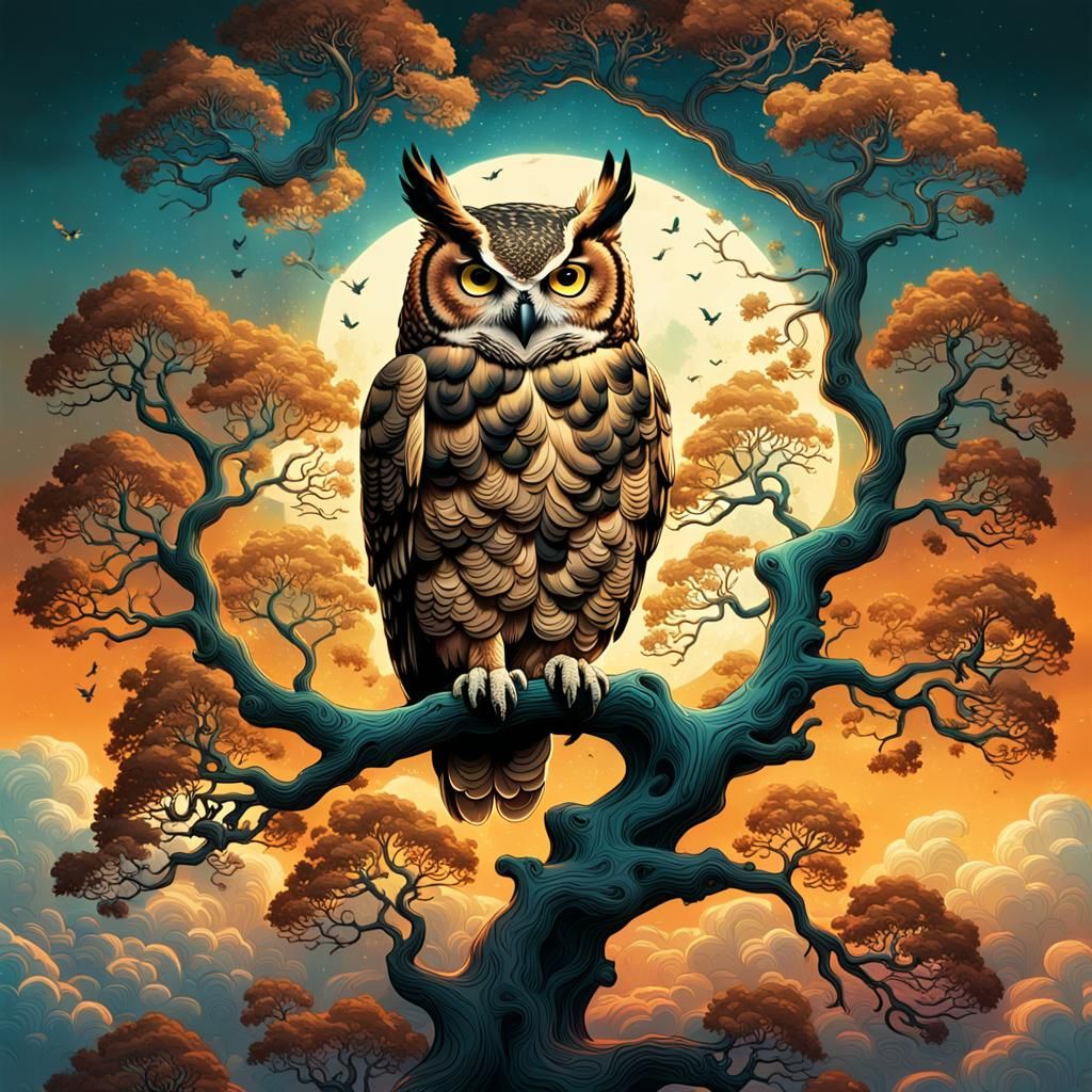 Great Horned Owl in Swirling Tree Victorian Treehouse