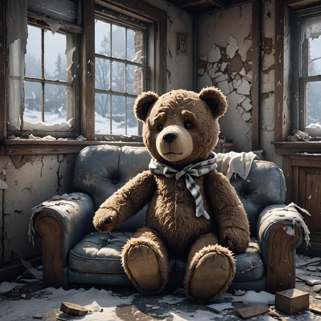Tattered Teddy Bear in Derelict Winter Room