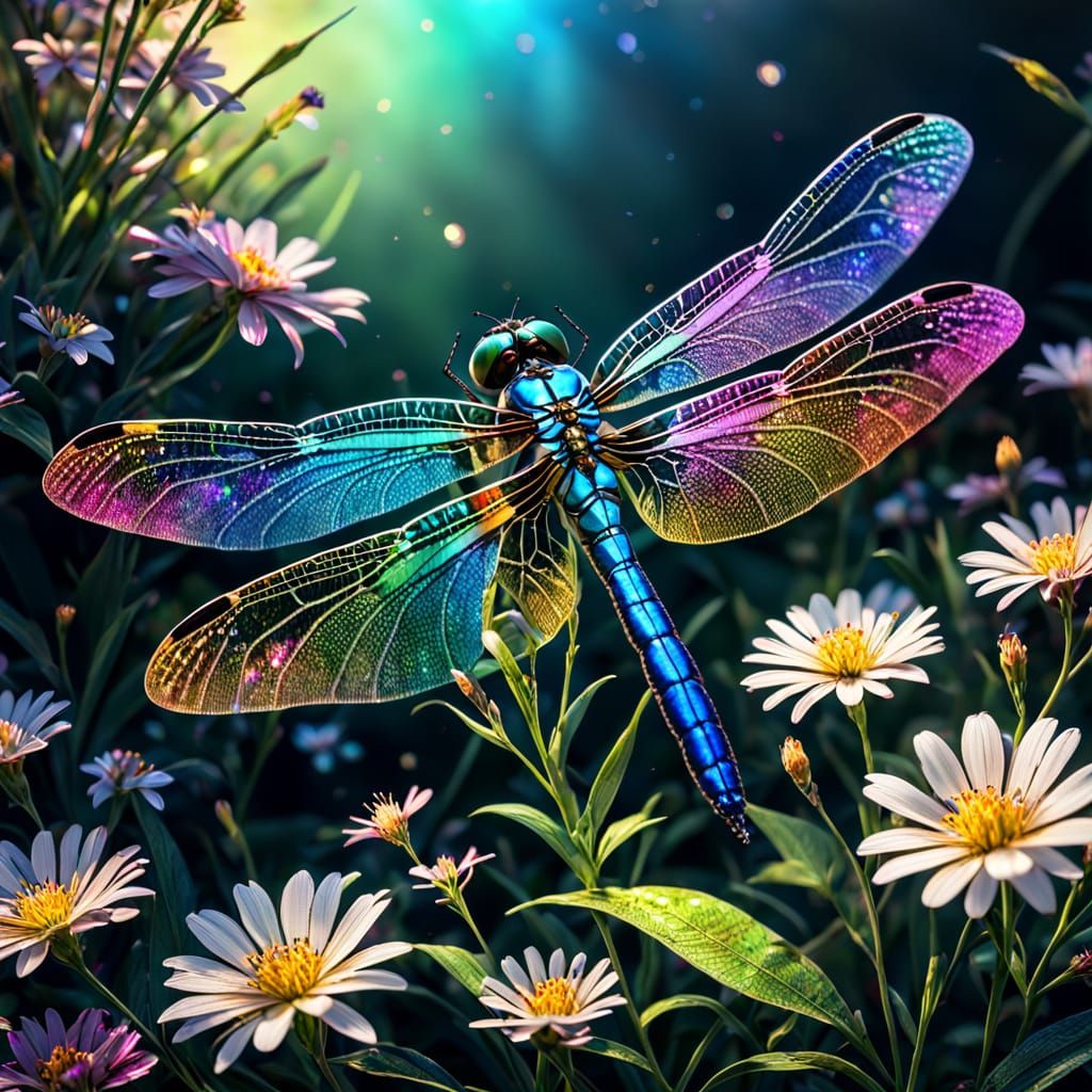 Iridescent Dragonfly in Vibrant Floral Setting