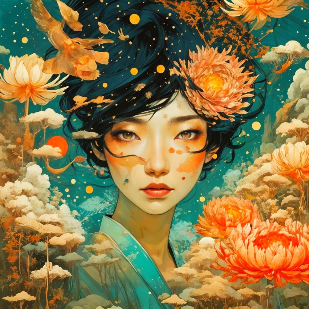 Surreal Japanese Woman in Forest Landscape