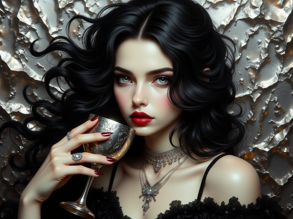 Bewitching Woman in Velvet Dress with Silver Embellishments